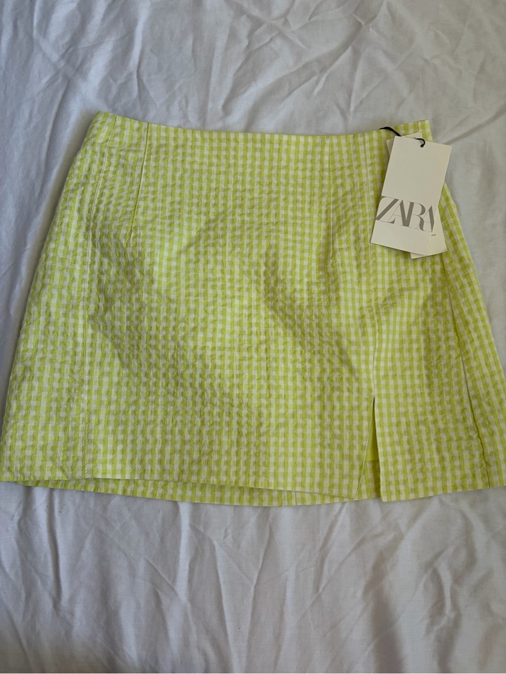 NWT Zara Lime Green Gingham Seersucker Mini Skirt Front Slit Summer Small